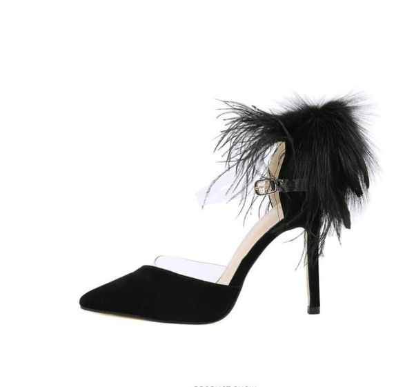 

dress shoes 2022 women pumps feather fur high heel big size 35-42, Black