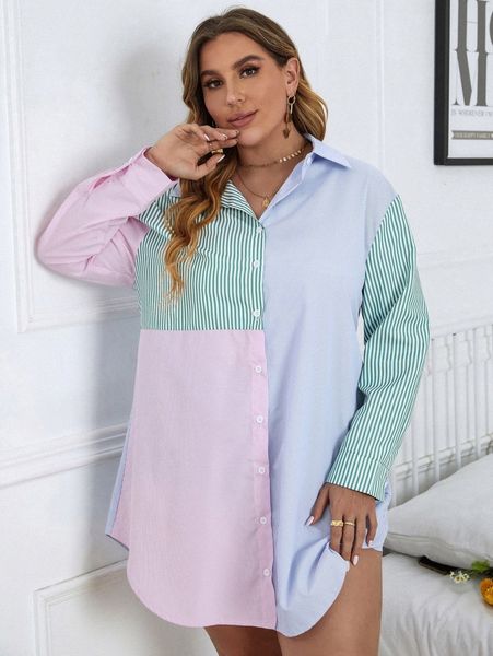 

plus colorblock vertical striped drop shoulder shirt dress h2u6#, Black