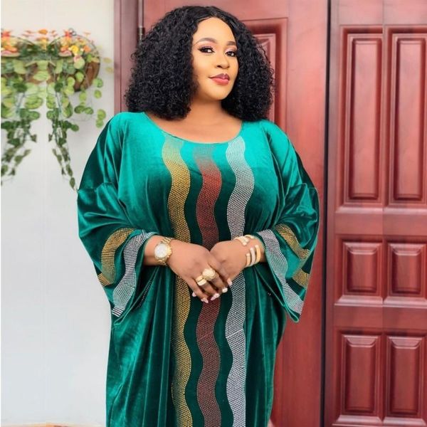 

ethnic clothing velvet dashiki african dresses for women o neck loose boubou robe autumn fashion diamond rich bazin party dress, Red