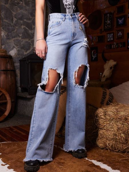 

romwe distressed wide leg jeans h0q5#, Blue