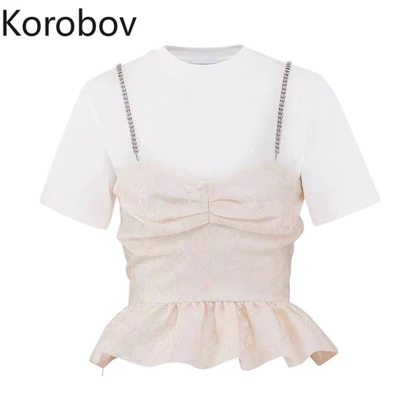

korobov korean vintage o neck fake two pieces women t shirts summer new short sleeve t shirt preppy style sweet chic tee 210430, White