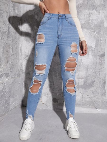 

high waist ripped frayed bleach wash skinny jeans 51gv#, Blue
