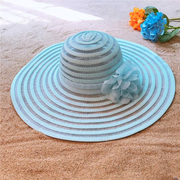 

stingy brim hats women mesh beach sun hat with wide lady dome flower bucket sunbonnet size 56-58cm, Blue;gray