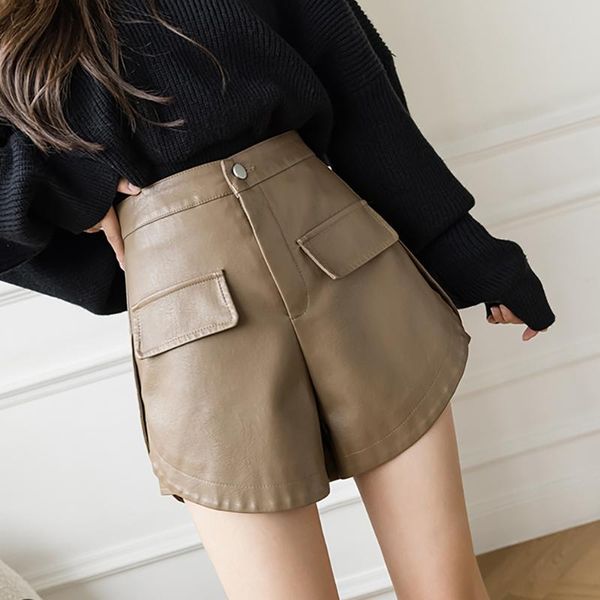 

women's shorts black khaqi leather elegant a-line wide-legged slim female pants 2021 autumn pu high waist zipper, White;black