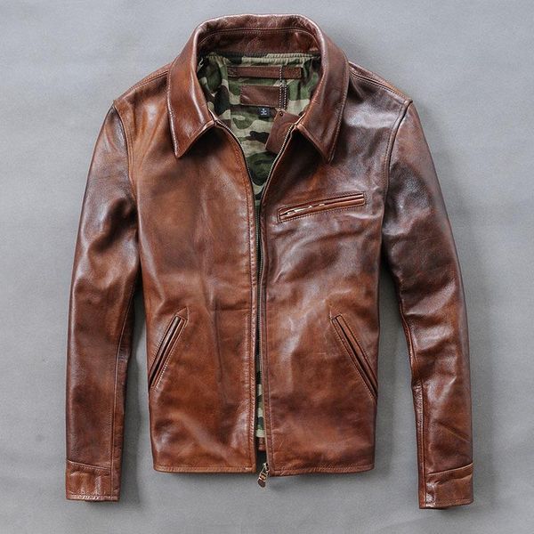 

men's leather & faux amerian cowboy style vintage cow slim fit biker jacket for brown genuine coat men, Black