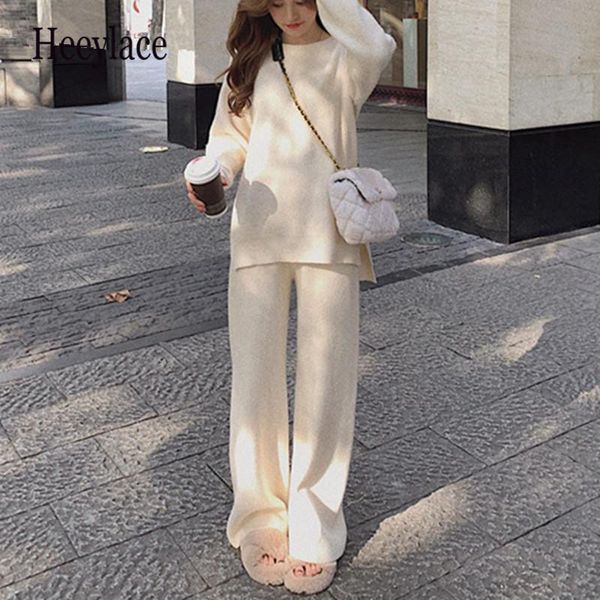 

women's two piece pants autumn winter 2 pieces sets knitting tracksuit o-neck split sweater and loose wide leg pullover suits 2021, White