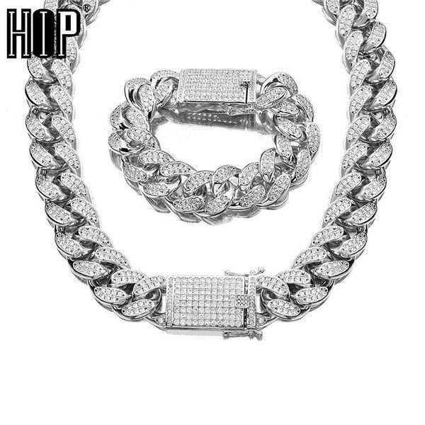 

chains hip hop 18mm stainless steel curb link chain silver color necklaces bracelets set for men women fashion jewelry gift