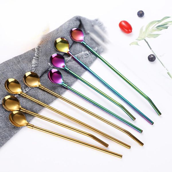 

drinking straws stainless steel long metal straw spoon multicolor with cleaning brush tea coffee bar kitchen party drink accessories