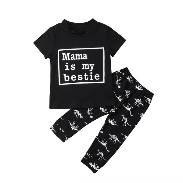 

6m-4years mama is my printed t-shirts + dinosaur printed pants 2pcs set for toddler kids baby boys summer clothes, White