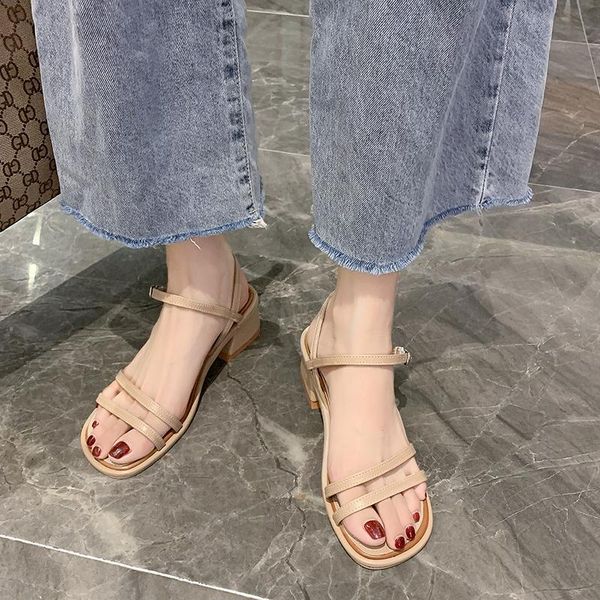 

dress shoes office lady mid heel sandals women pu leather ankle buckle summer chunky open toe sandalias black khaki