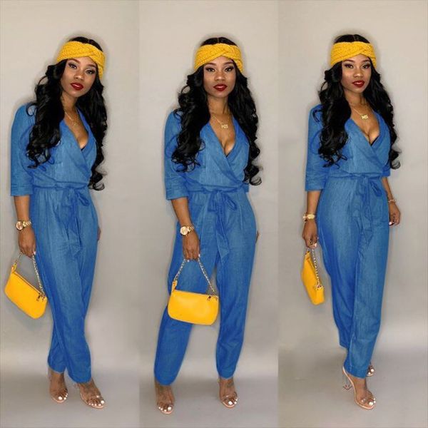 

autumn and winter wear solid color healthy cowboy v-neck jumpsuit, Blue