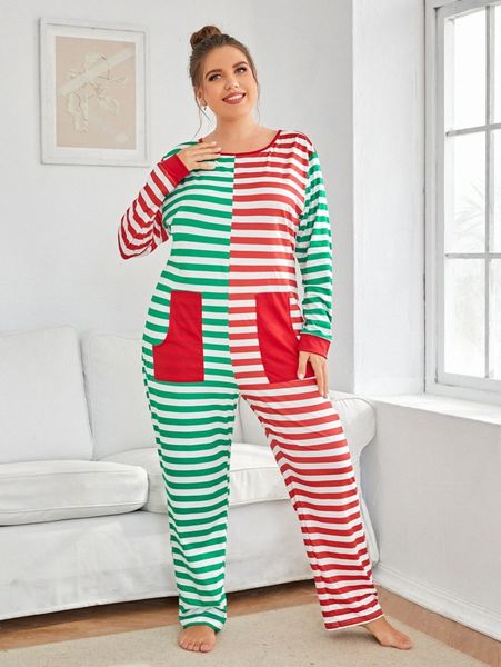 

plus color block striped sleep jumpsuit e7cf#, Black;white