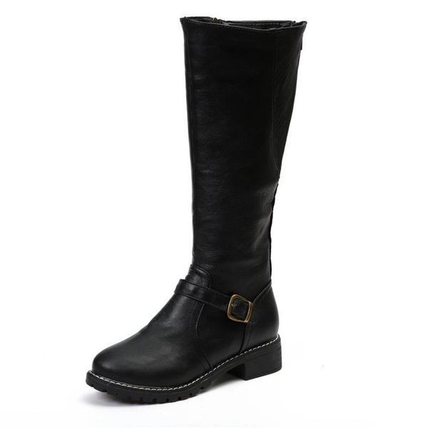 

boots thigh high brown women vintage leather square heel zipper knee height buckle boot keep warm round toe shoes british style, Black