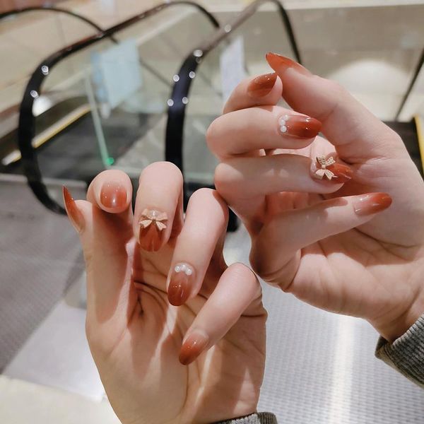 

24pcs jelly long nail piece adhesive round tip manicure patch with decor gradient false nails save time j9 art decorations, Silver;gold