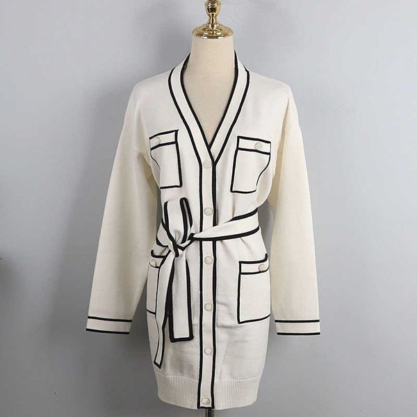 

sweaters autumn fashion casual v-neck full sleeve contrast color waist belt pocket single breasted cardigan coat knitted 210610, White