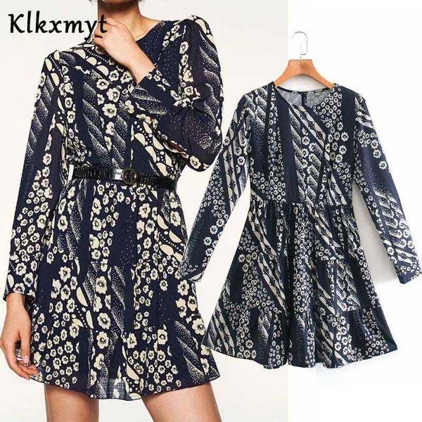 

klkxmyt za dress women fashion floral print mini vintage long sleeve o neck female es vestidos mujer 210527, Black;gray