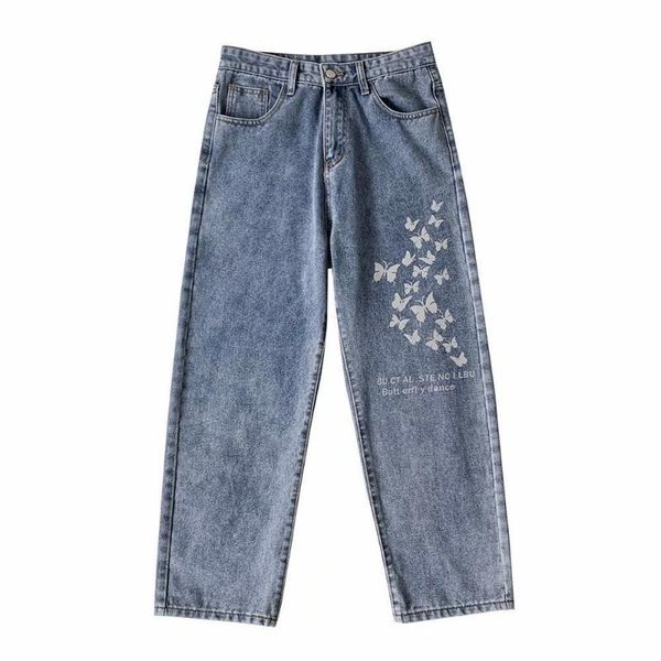 

reflective butterfly print loose straight jeans men's brand pants, Blue