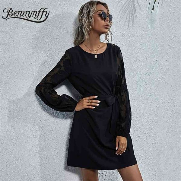 

women elegant lace lantern sleeve black dress autumn office lady o-neck short es high waist belted a-line 210510, Black;gray