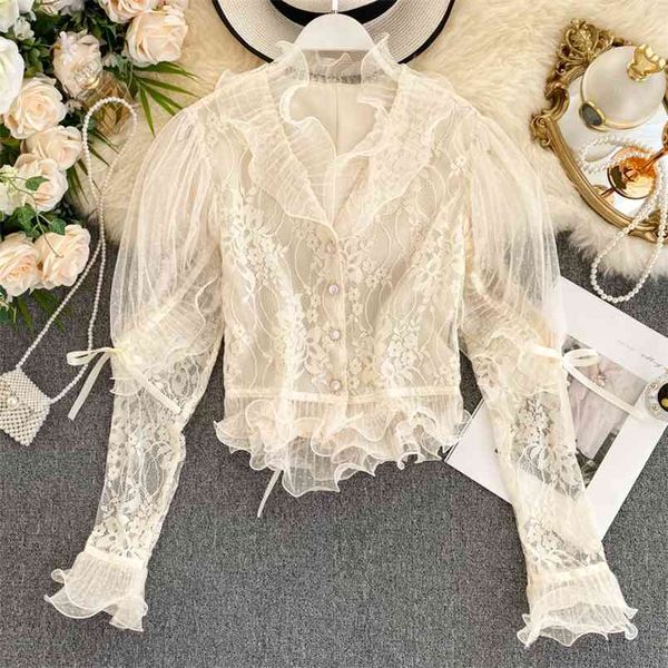 

women's lace shirt spring autumn ladies three-dimensional ruffled temperament net red puff sleeve ml701 210506, White
