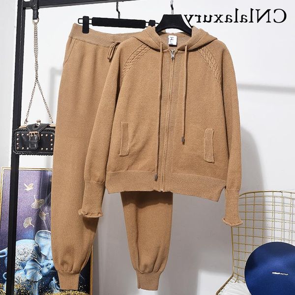 

women's two piece pants autumn set women hooded loose zip jacket coat knitted sweater + casual tracksuit little feet knit winter, White