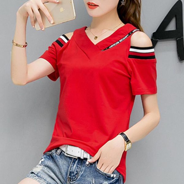 

women's t-shirt cotton 2021 summer slim strapless v-neck short-sleeved female, White