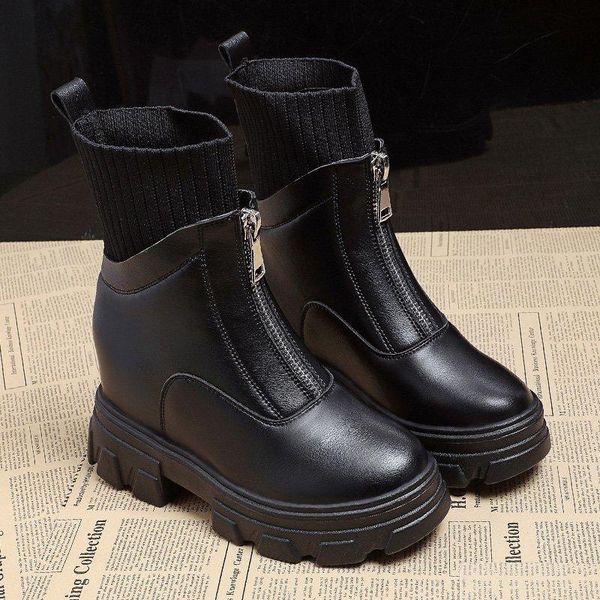

boots female fashion thick bottom combat botas drop winter women chunky platform shoes front zipper waterproof booties, Black