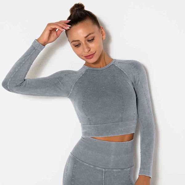 

Women's T-shirt 2021 seamls washed sports casual top tight printed Yoga suit long sleeve, White