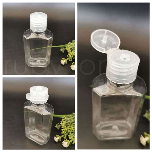 60 ml achteckige leere Händedesinfektionsflaschen, separate Abfüllung, PET-Flip-Cap-Extrusionsflaschen, tragbare, klare, zusammengedrückte Reiseflasche RRA4173