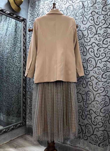 

skirts women's set autumn winter blazer sets female pocket patchwork blazer jackets+elastic waist mesh skirt set, Black