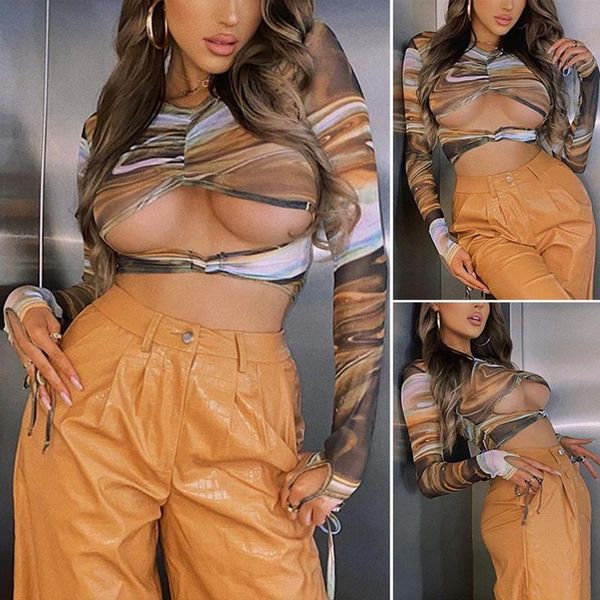 

women's t-shirt fashion printed drawstring mesh see-through hollow colorful, White