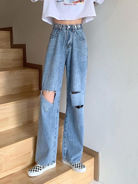 

women's jeans hole spring and summer 2021 sweet cool high waist slim straight tube loose wide leg pants, Blue