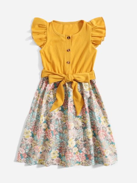 

toddler girls 1pc floral print ruffle trim belted dress she01, Red;yellow
