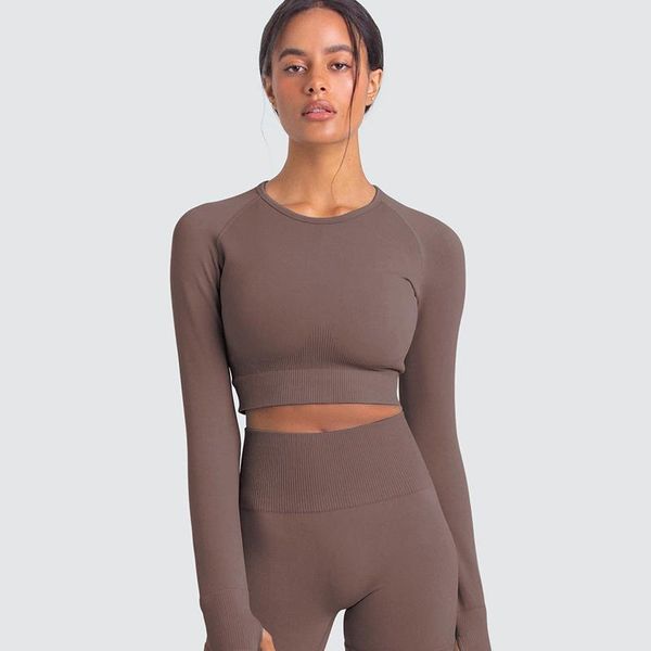 

yoga outfit womens 2021 long sleeve crop seamless running sports long-sleeved multi-color gym fitness solid clothes s m l