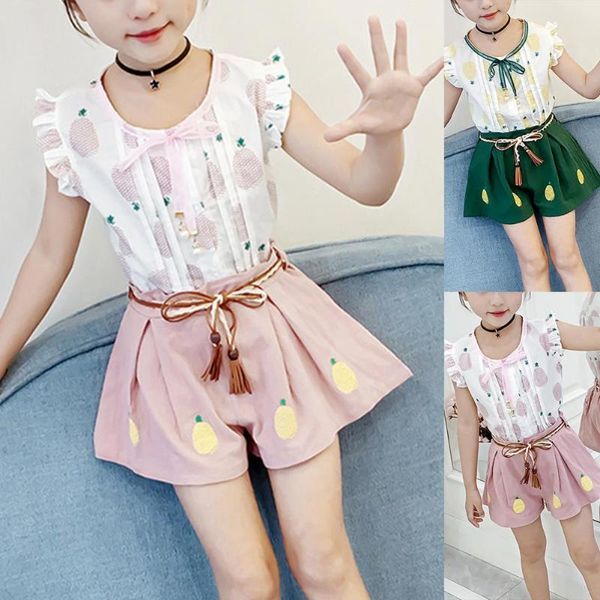 

clothing sets summer 2pcs/set t-shirt skirt small flying sleeve loose colors girls pineapple print shorts suit for holiday, White