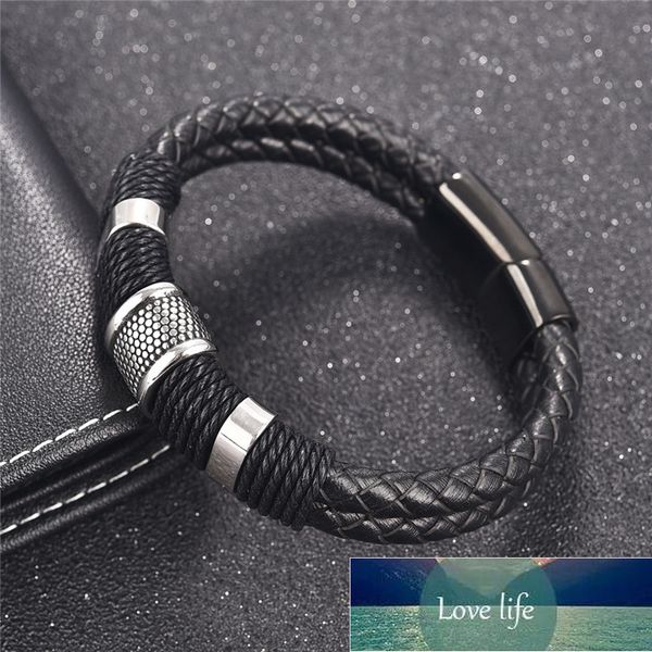 

jiayiqi braid genuine leather bracelet titanium stainless steel bracelet men woven bangle black / brown / blue /red color factory price expe, Golden;silver