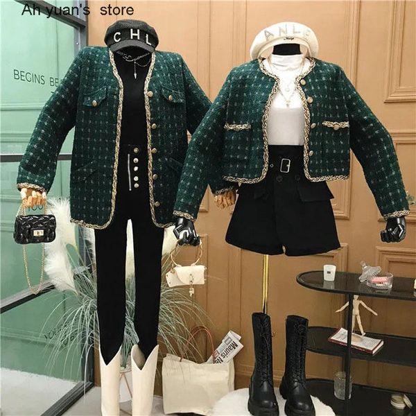 

women's jackets ah yuan plaid tweed jacket women elegant ladies single breasted short outwear spring fall long sleeve retro dark green, Black;brown