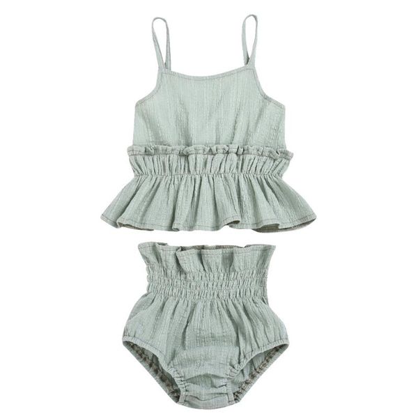 

born infant baby girls straps linen ruffle shorts 2pc outfits sets clothing, White