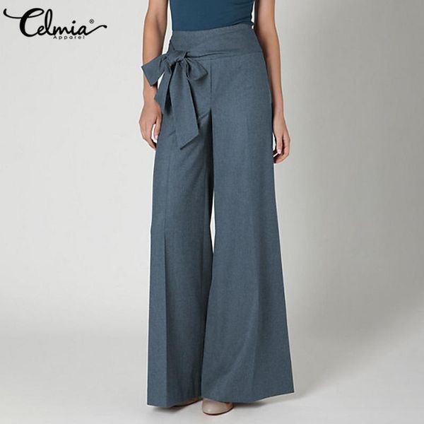 

women's pants & capris 5xl celmia women wide leg 2021 autumn fashion high waist belted pant casual trousers zipper loose solid work pan, Black;white