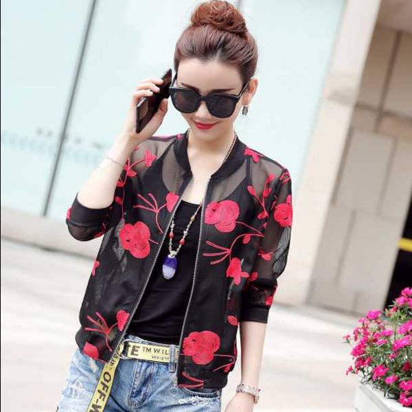 

women's jackets summer embroidery short jacket women sun protection clothes sweet thin coat baseball bomber chaqueta mujer da421, Black;brown