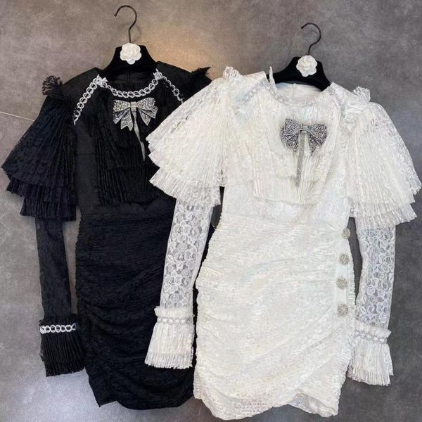 

2021 spring arrivals long butterfly sleeve diamonds bow pin side buttons high waist lace short mini dress women ml497 casual dresses, Black;gray
