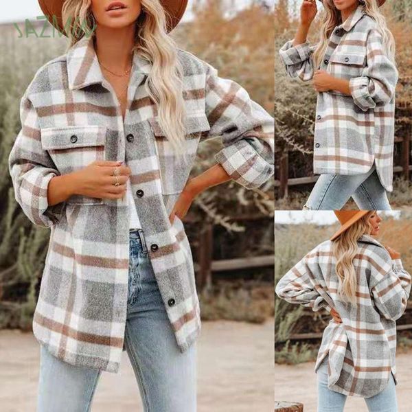 

women's wool & blends winter ladies casual plaid woolen long-sleeved lapel jacket button elegant streetwear abrigos mujer invierno 2021, Black