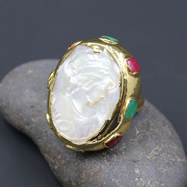 

guaiguai jewelry natural shell pearl beauty multi color jade gold plated ring adjustable handmade for lady, Golden;silver
