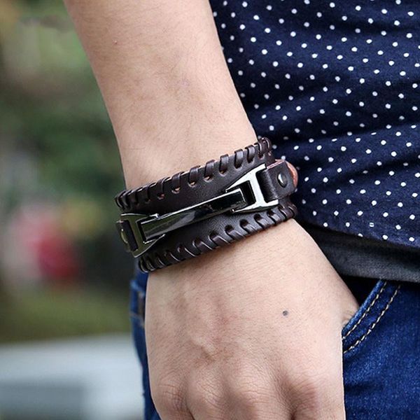 

charm bracelets punk vintage men genuine leather wide black brown cuff wrap bangles for women jewelry gifts, Golden;silver