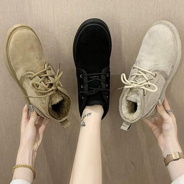 

boots women warm short plush ankle ladies lace-up winter flock flat female shoes woman fashion conmfortable footwear, Black