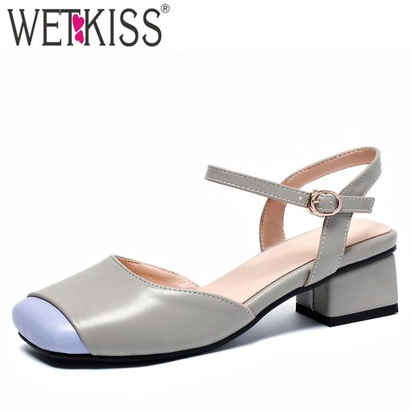 

dress shoes wetkiss pu thick heels sandals women square toe footwear ankle strap female office stitching woman summer 2021, Black