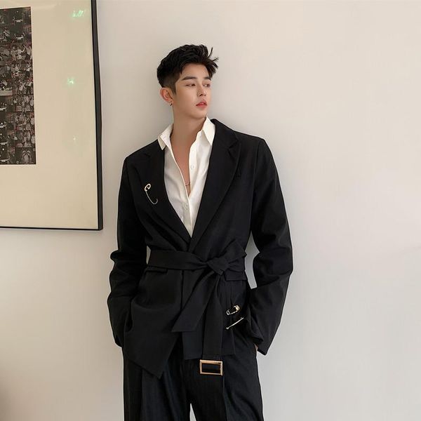 

men's suits & blazers men pin belt casual slim fit suit coat male streetwear fashion hip hop vintage blazer jacket outerwear, White;black