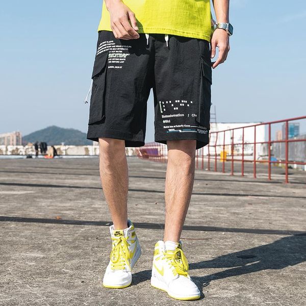 

men's pants drawstring men shorts fashion summer casual 2021 daily knee length short for male multi-pocket, Black