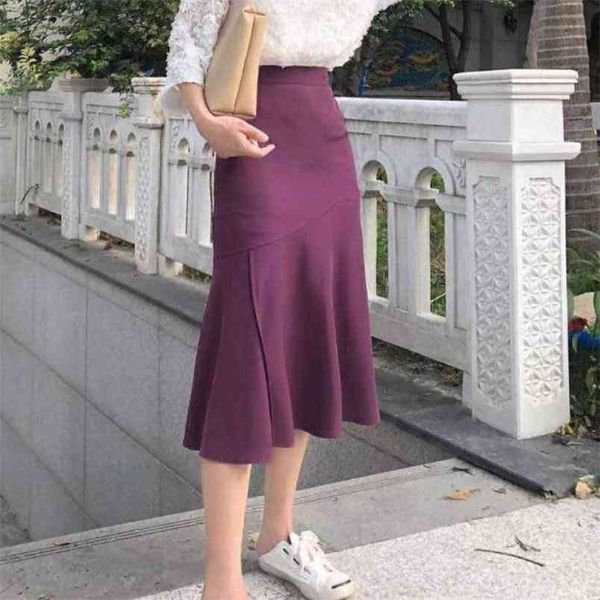 

summer high waist slim simple purple casual bag hip long skirt elastic elegant women fishtail 210527, Black