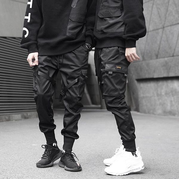 

men's pants men ribbons cargo black pocket casual streetwear 2021 harem joggers harajuku sweatpants male hip hop trousers