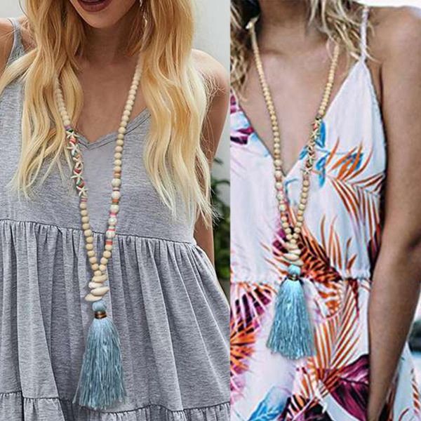 

colorful tassel pendant necklace multi-shaped stone wooden beads jewelry gift necklaces, Silver